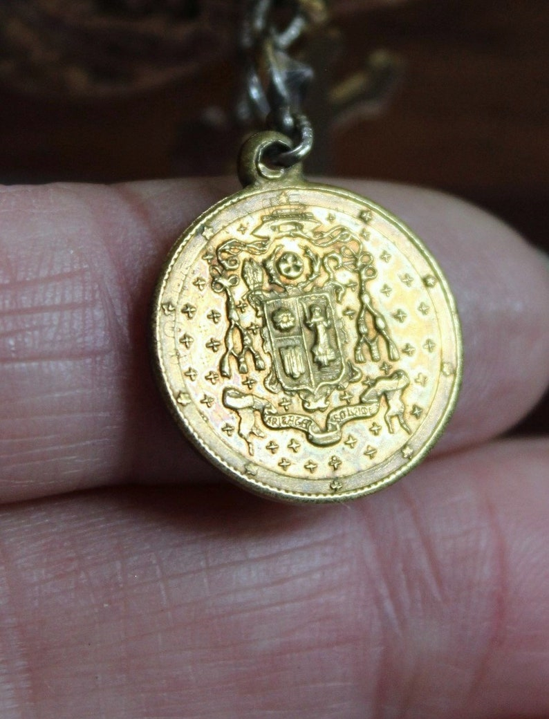 The Apparition Cuff Bracelet w/Antique French Benitier Marian Medal,Rare Antique Manger Scene Medal,Antique Prong Set Rhinestone Cross