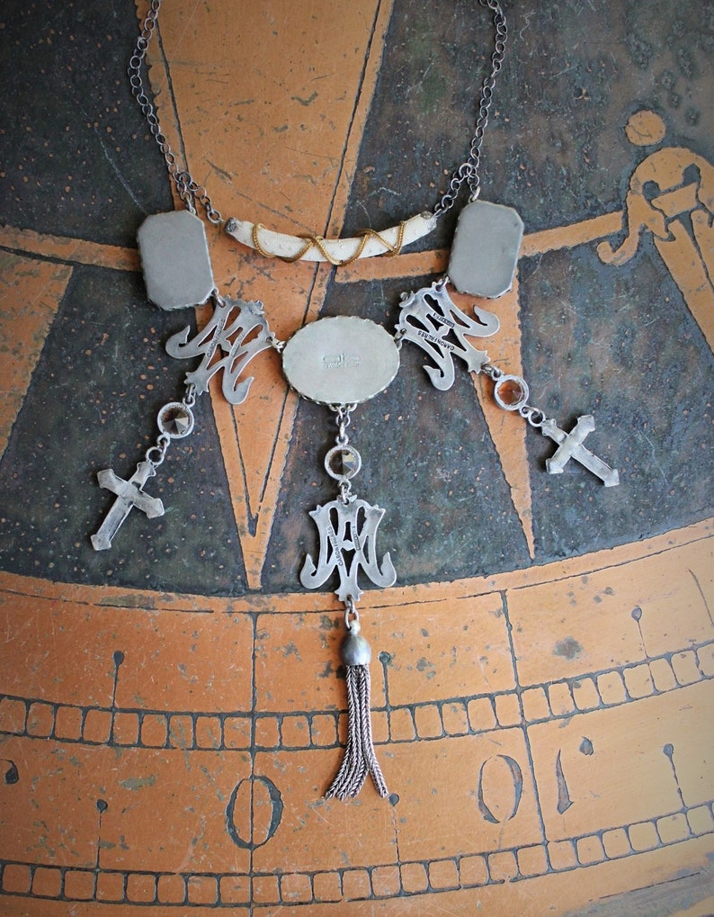 Ave Maria Necklace w/French Caron Freres Scrolled Initials AM Medals,Beveled Glass Connectors,French Crosses,Unique Fabric Finding
