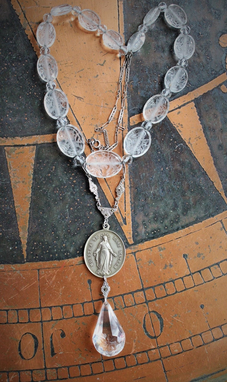 Mother Mary Necklace w/Antique Etched Rock Crystal Beads,Rare Sculptural Marian Medal,Antique Sterling Marcasite Connector,Faceted Glass Drop