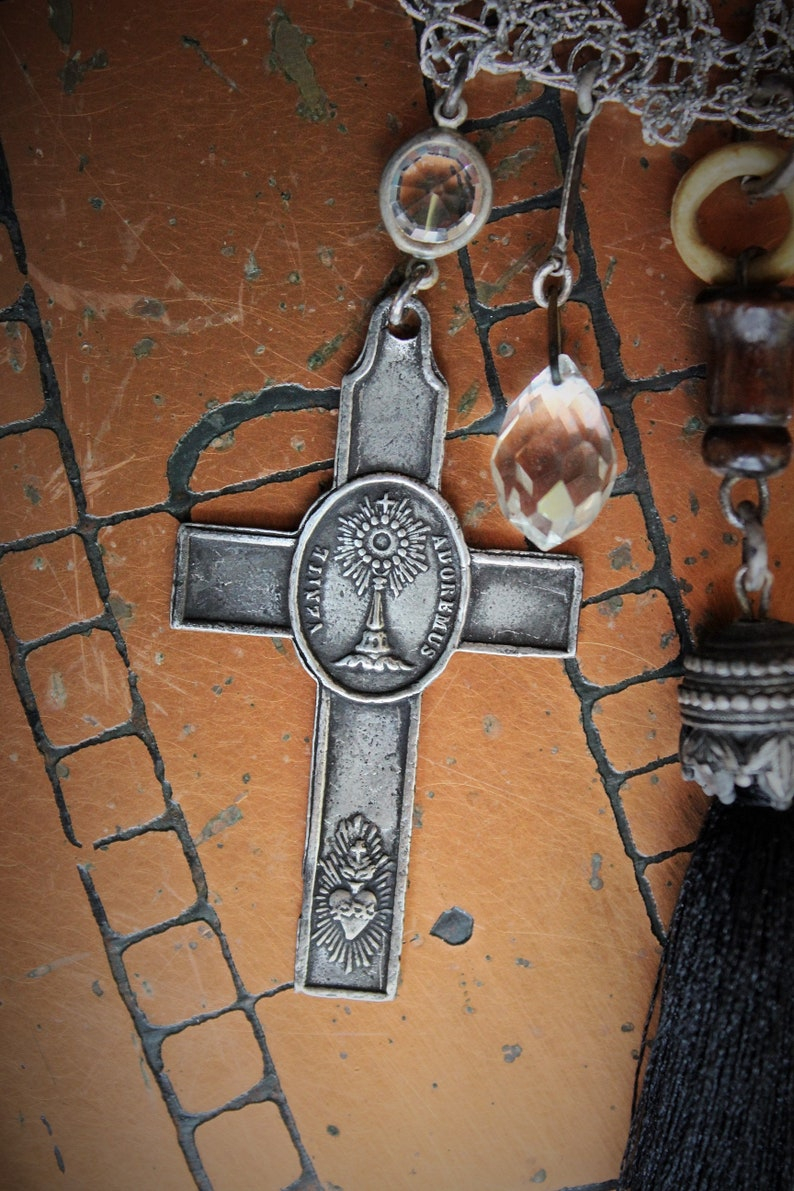 Antique Sacred Heart Blessing Bag w/Antique Holy Water Vessel,Multiple Antique Rosary & Bead Findings,Silk Black Tassel,Faceted Pyrite+