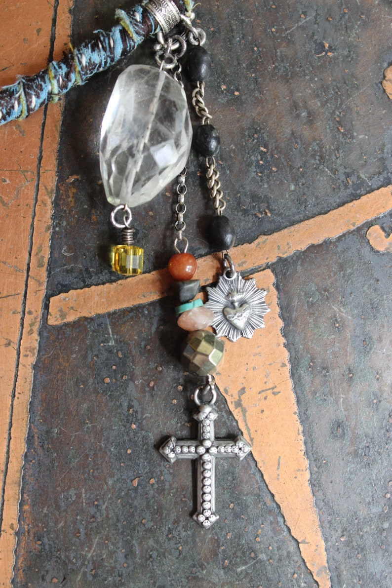 Find Your Way Home Necklace w/Antique Kantha Textile,Silver Bird Wing,Persevere Cross,Faceted Rock Quartz Nuggets,Sacred Heart Medal++