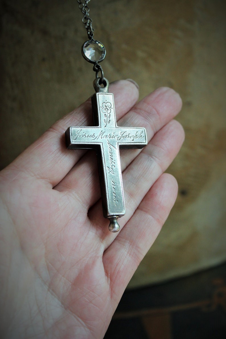 RARE Antique French Sterling Engraved Reliquary Cross Necklace w/Antique Faceted Bezel Set Rock Crystal Connector & Sterling Rolo Chain