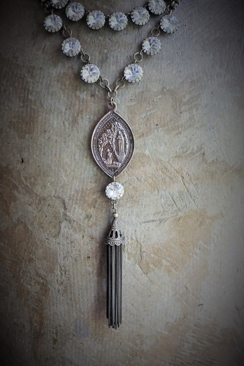 Sold to S The Apparition Necklace Set w/Rare Antique French Sculptural Bronze Marian Apparition Medal,Vintage Rivoli Crystal Chain,Antique Tassel