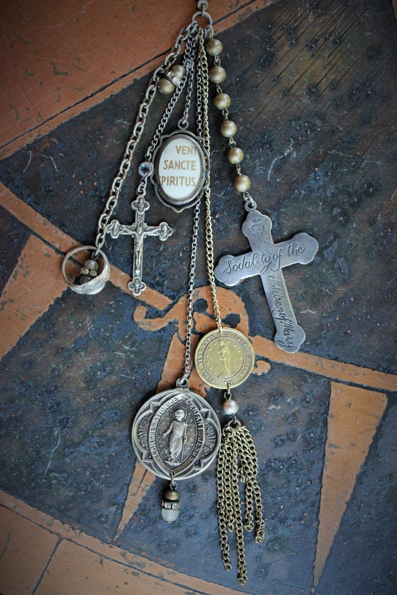 The Guardian Necklace w/Antique French Sterling Child Jesus Medal,1878 Virgin Medal,Rare Engraved Sodality Cross,Antique Child's Ring++