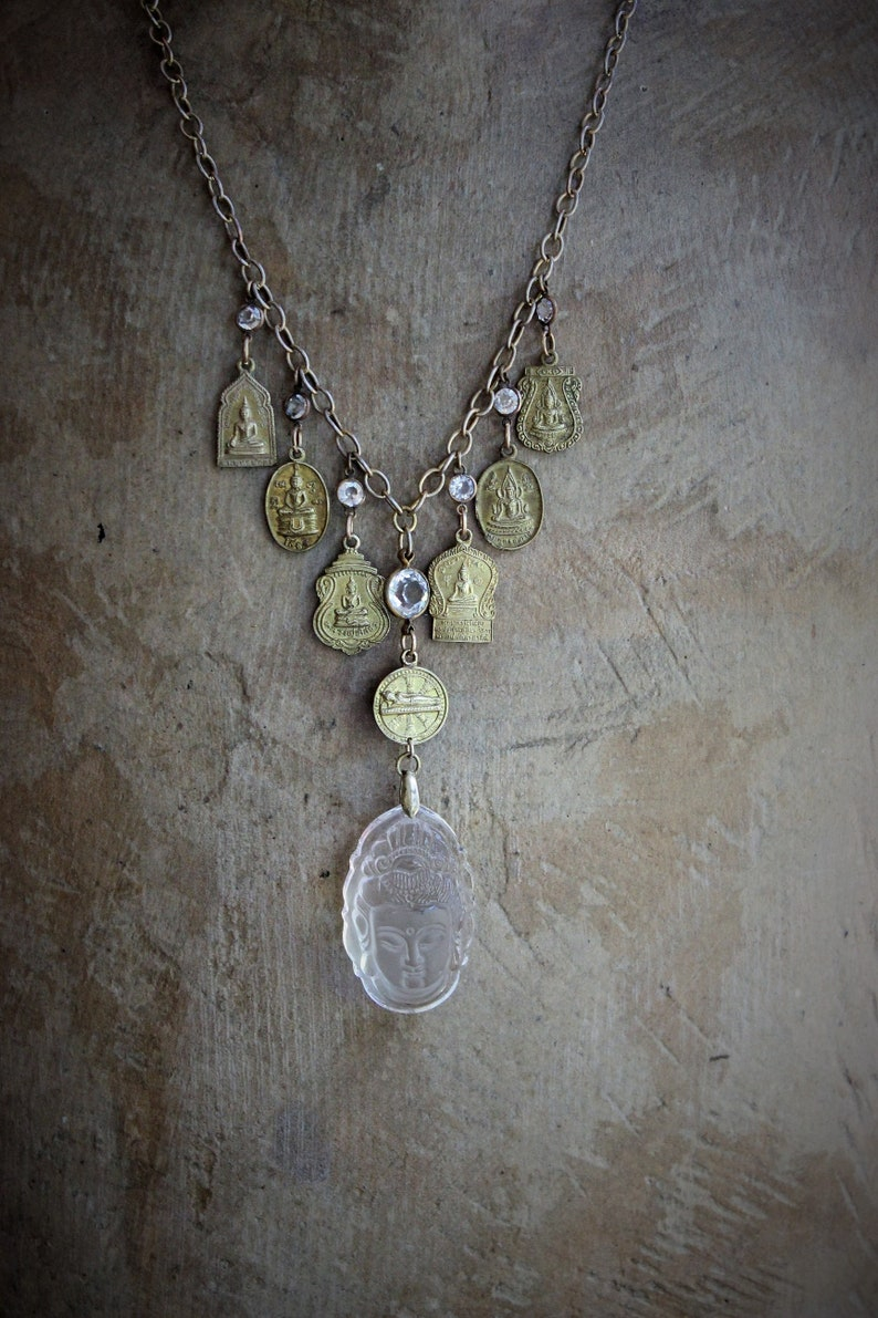 The Unity of Life Necklace w/7 Antique Buddha Sanskrit Medals,Carved Crystal Buddha,Antique Bezel Set Faceted Crystal Connectors+
