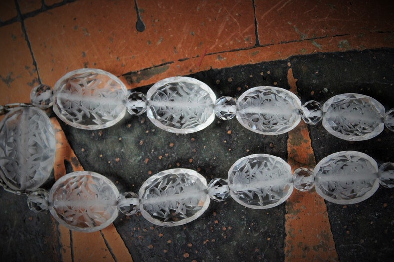 Mother Mary Necklace w/Antique Etched Rock Crystal Beads,Rare Sculptural Marian Medal,Antique Sterling Marcasite Connector,Faceted Glass Drop