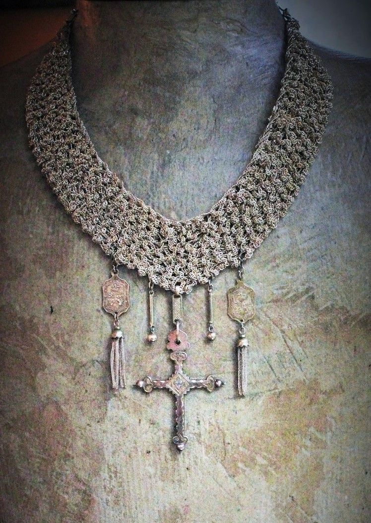 Crocheted Chain Necklace w/RARE Antique French Gold Sacred Heart Jeannette Cross,Matching Antique Crowned SH Medals,Antique Tassels