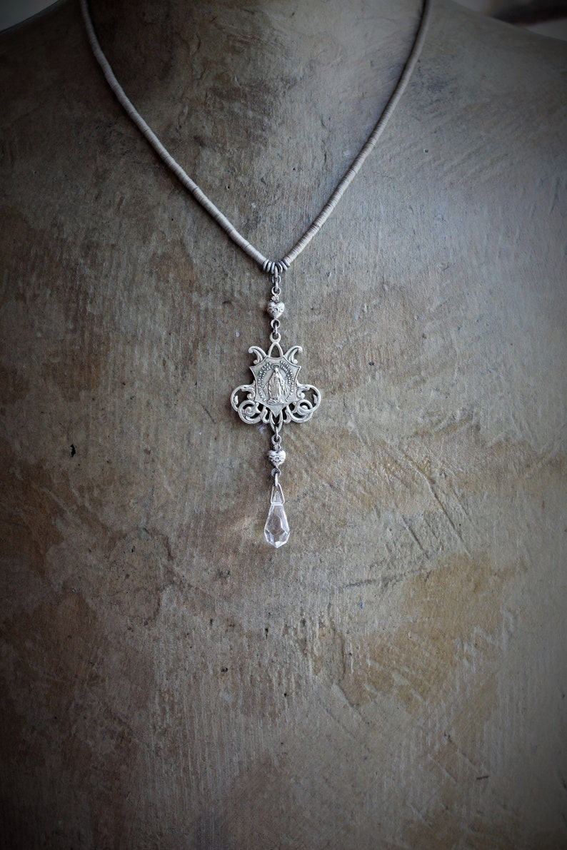 Antique French Marian Necklace w/RARE Tiny Antique 1800's French Metal Sequin Chain,Sacred Heart Connectors,Antique Crystal Tear Drop