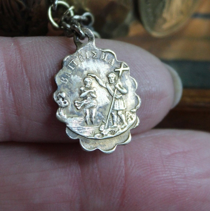 The Apparition Cuff Bracelet w/Antique French Benitier Marian Medal,Rare Antique Manger Scene Medal,Antique Prong Set Rhinestone Cross