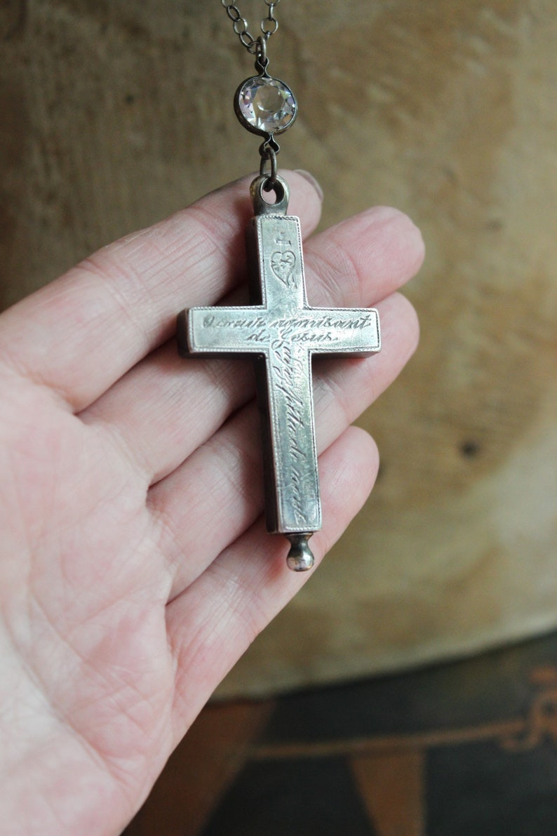 RARE Antique French Sterling Engraved Reliquary Cross Necklace w/Antique Faceted Bezel Set Rock Crystal Connector & Sterling Rolo Chain