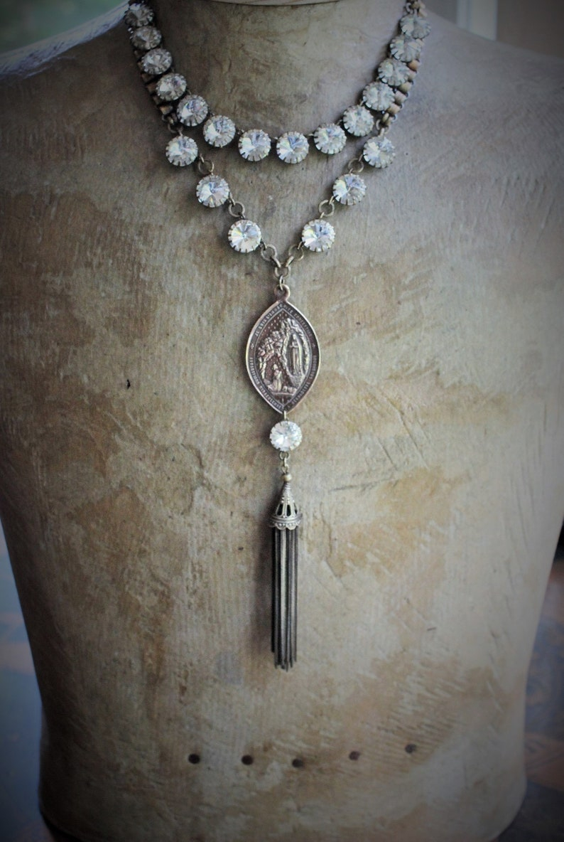 Sold to S The Apparition Necklace Set w/Rare Antique French Sculptural Bronze Marian Apparition Medal,Vintage Rivoli Crystal Chain,Antique Tassel