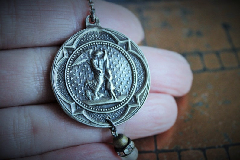 The Guardian Necklace w/Antique French Sterling Child Jesus Medal,1878 Virgin Medal,Rare Engraved Sodality Cross,Antique Child's Ring++