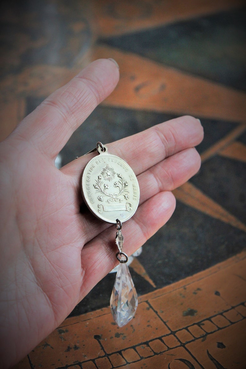 Mother Mary Necklace w/Antique Etched Rock Crystal Beads,Rare Sculptural Marian Medal,Antique Sterling Marcasite Connector,Faceted Glass Drop