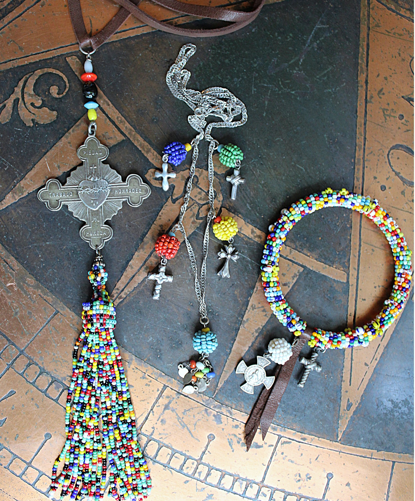 Work, Honesty, Devotion, Purity Necklace & Bracelet Set w/Amazing 1899 Sacred Heart 4 Way Cross,Antique Seed Bead Connectors,4 Sterling Crosses++