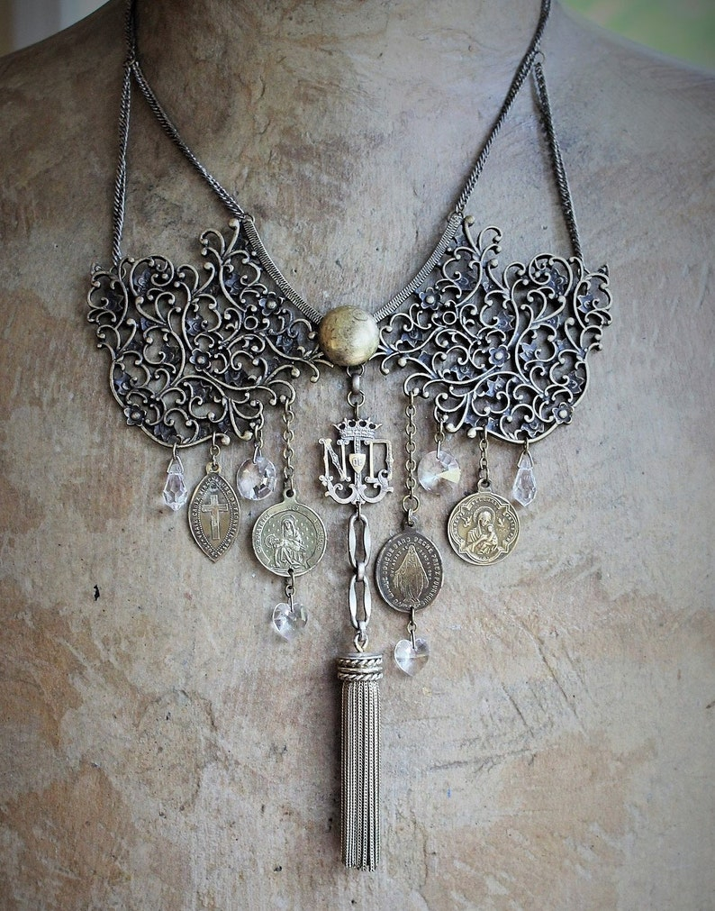 Sold to E - Final Payment The Pure Strength of Faith Necklace w/Antique French Medals,Intricate Vintage Collar Findings,Antique Faceted Heart,Orb and Tear Drop