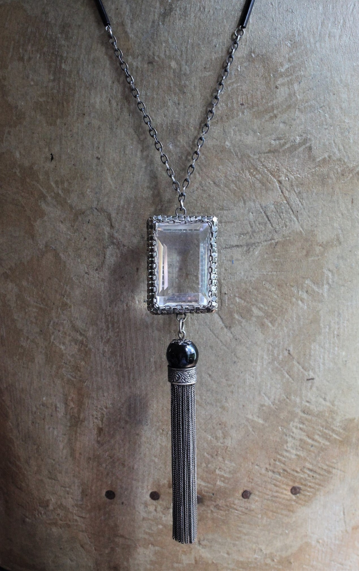 RARE Large Step Faceted Original Nippon Rock Crystal Pendant with Antique Sterling & Onyx Chain & Tassel