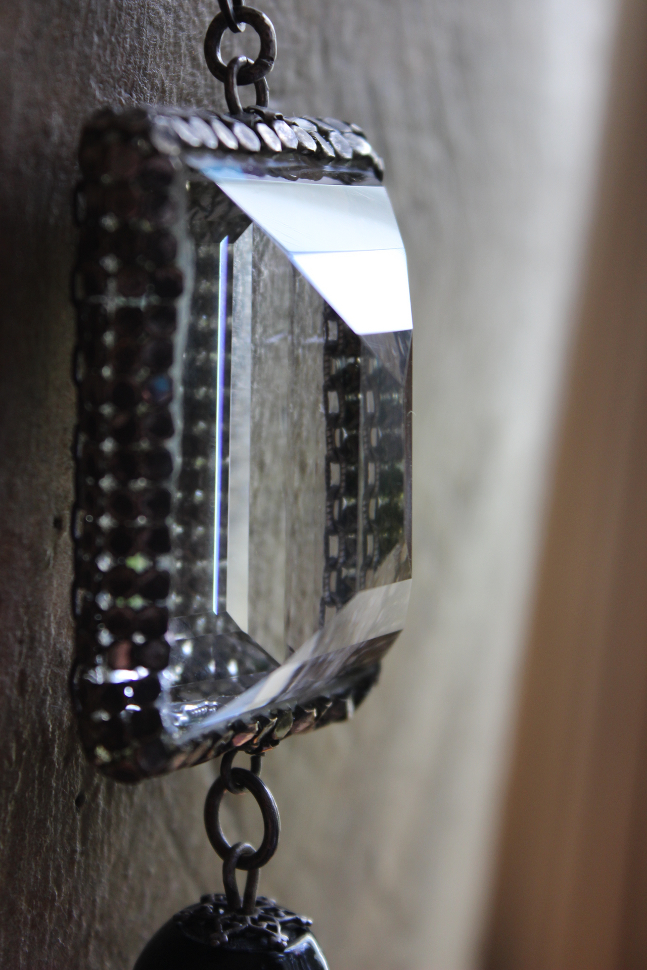SOLD TO J RARE Large Step Faceted Original Nippon Rock Crystal Pendant with Antique Sterling & Onyx Chain & Tassel