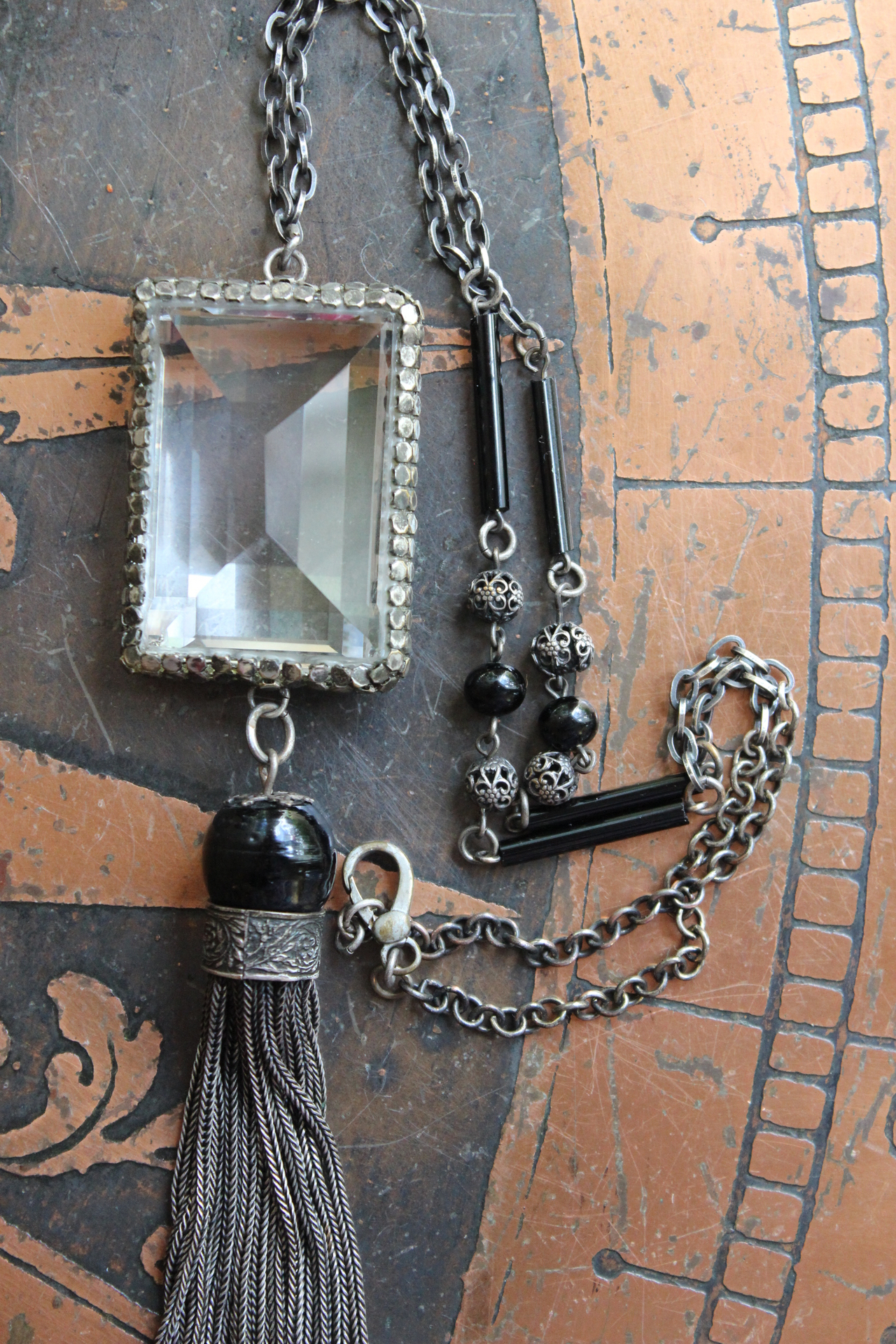 RARE Large Step Faceted Original Nippon Rock Crystal Pendant with Antique Sterling & Onyx Chain & Tassel