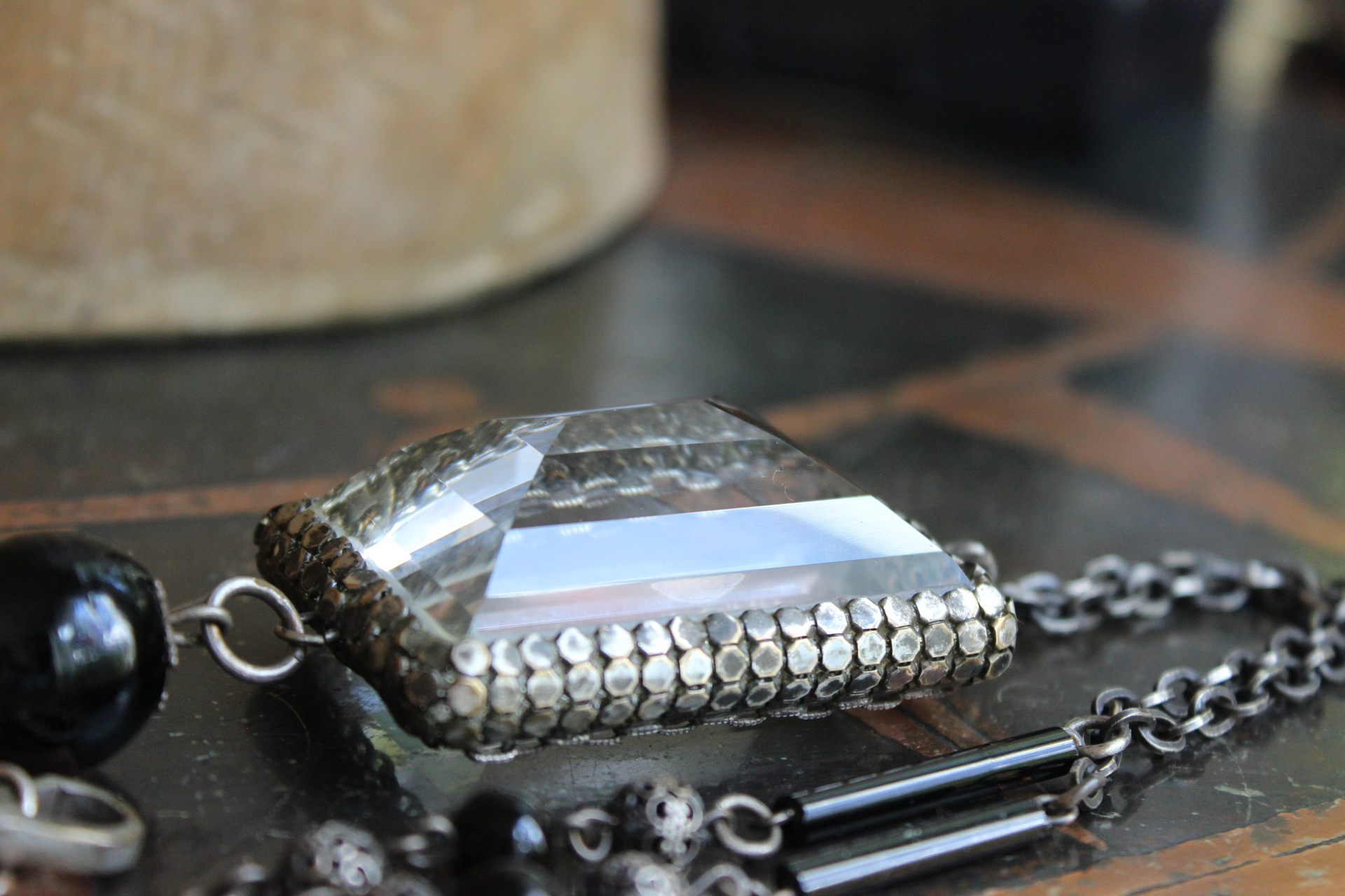 RARE Large Step Faceted Original Nippon Rock Crystal Pendant with Antique Sterling & Onyx Chain & Tassel