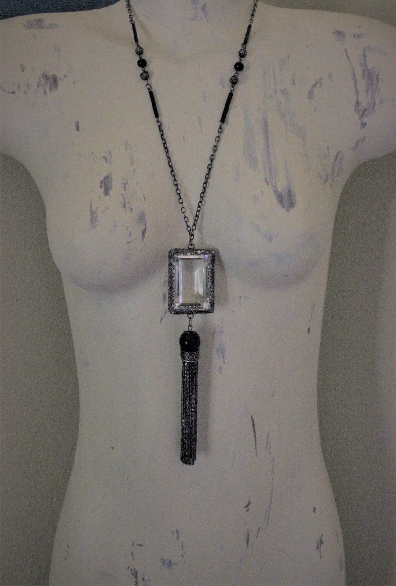 SOLD TO J RARE Large Step Faceted Original Nippon Rock Crystal Pendant with Antique Sterling & Onyx Chain & Tassel