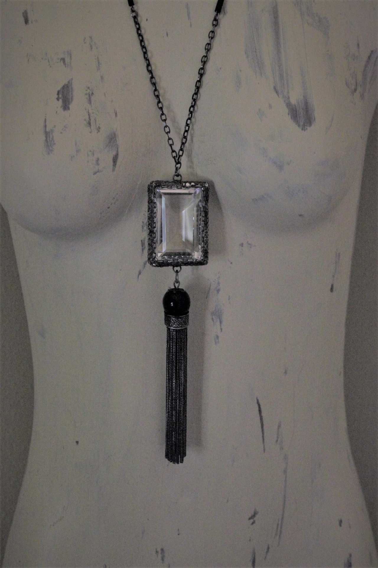 RARE Large Step Faceted Original Nippon Rock Crystal Pendant with Antique Sterling & Onyx Chain & Tassel