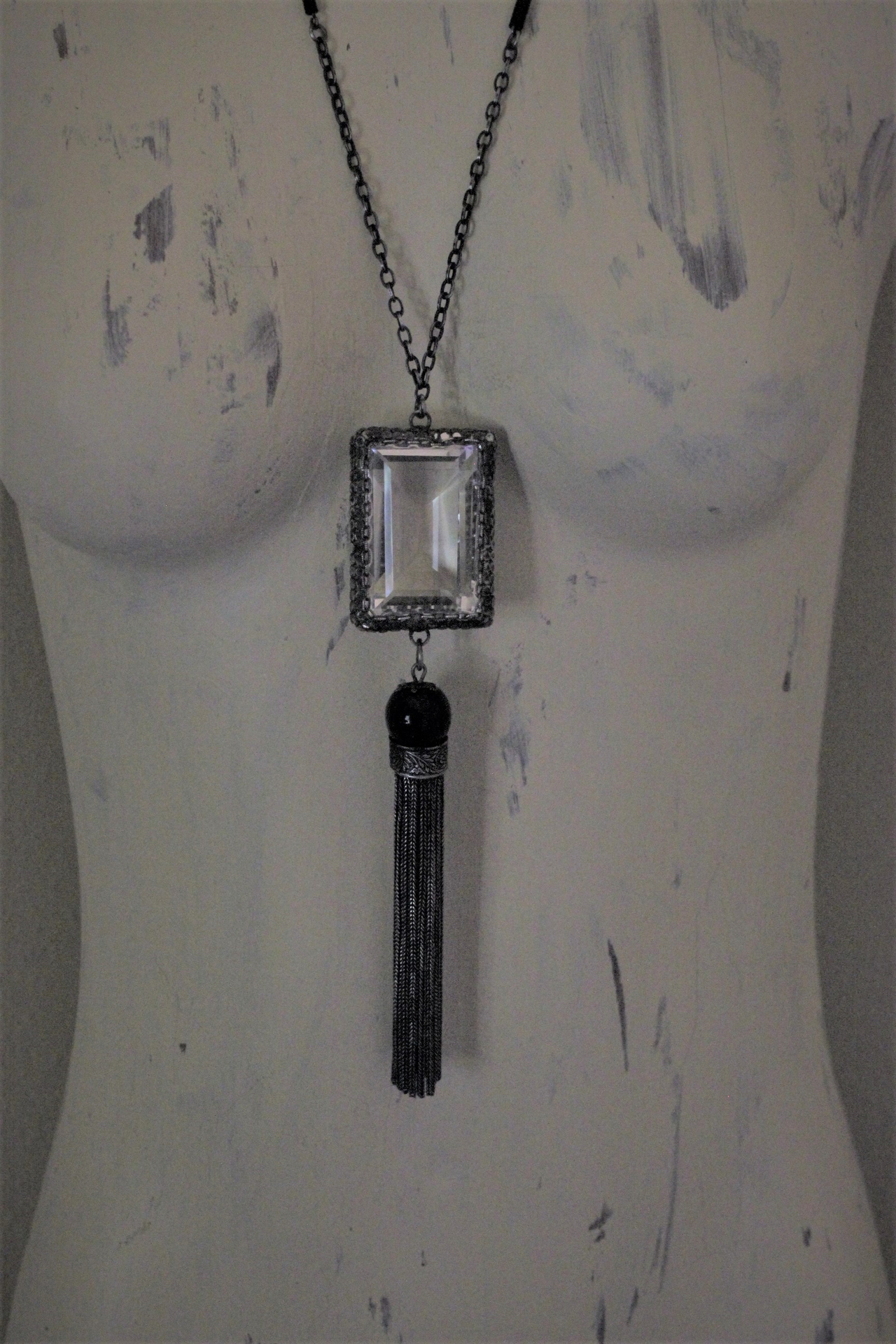 SOLD TO J RARE Large Step Faceted Original Nippon Rock Crystal Pendant with Antique Sterling & Onyx Chain & Tassel