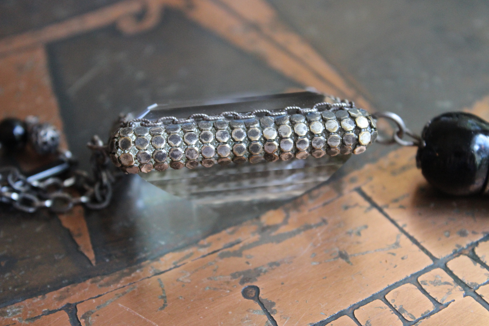 RARE Large Step Faceted Original Nippon Rock Crystal Pendant with Antique Sterling & Onyx Chain & Tassel