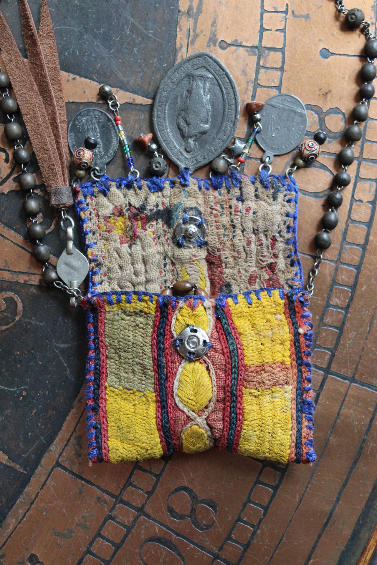 Antique Textile Rosary Pouch Necklace with Ancient French Medals, Antique Sterling Puffy Star, Antique French Rosary & More!