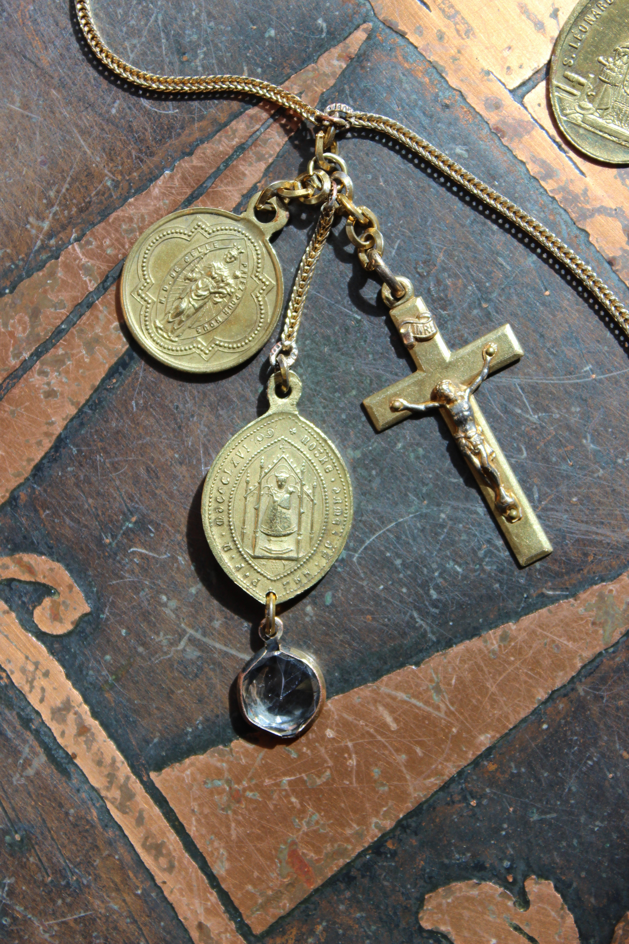 You will Find your Way Necklace with Capped Water Clear Rock Quartz Point, Antique French Medals, Antique French Crucifix and Foxtail Chain