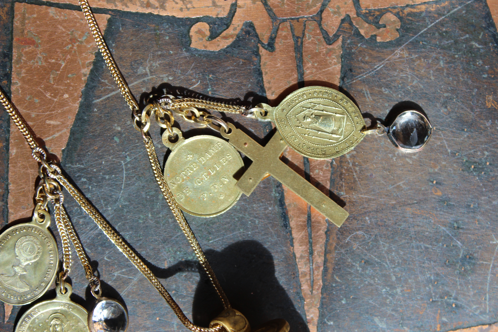 You will Find your Way Necklace with Capped Water Clear Rock Quartz Point, Antique French Medals, Antique French Crucifix and Foxtail Chain