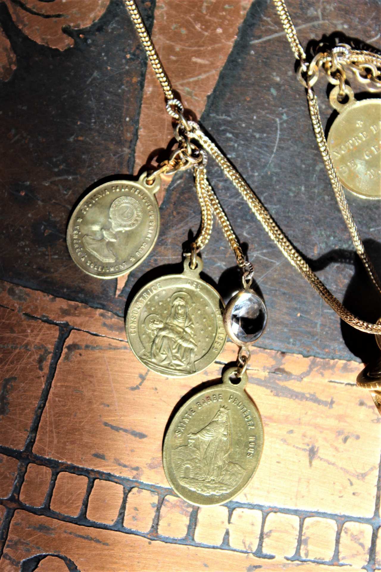 You will Find your Way Necklace with Capped Water Clear Rock Quartz Point, Antique French Medals, Antique French Crucifix and Foxtail Chain