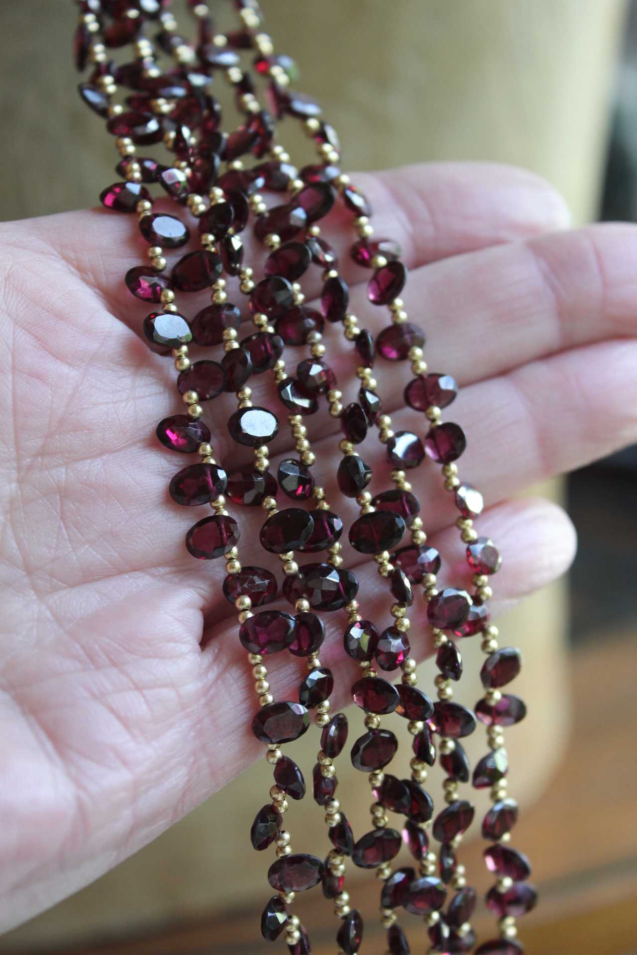 Amazing 59 inch long Faceted Garnet Lariat Tie Necklace with 14K Gold Beads
