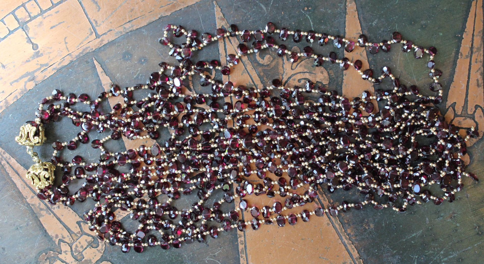 Amazing 59 inch long Faceted Garnet Lariat Tie Necklace with 14K Gold Beads