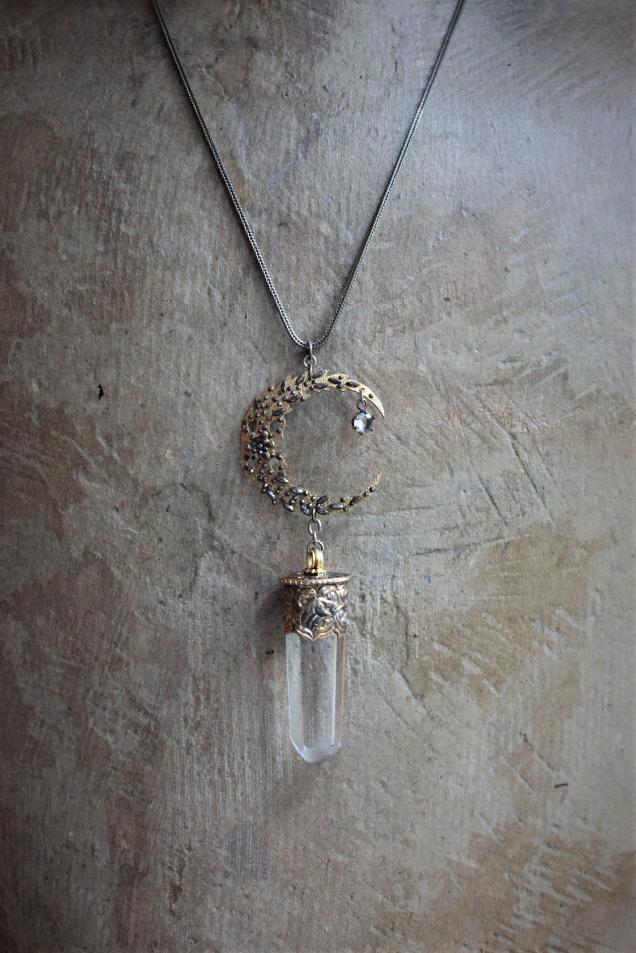 Like the Universe Necklace with Antique Cut Steel Crescent Moon Finding, Water Clear Capped Quartz Point, Antique Foxtail Chain