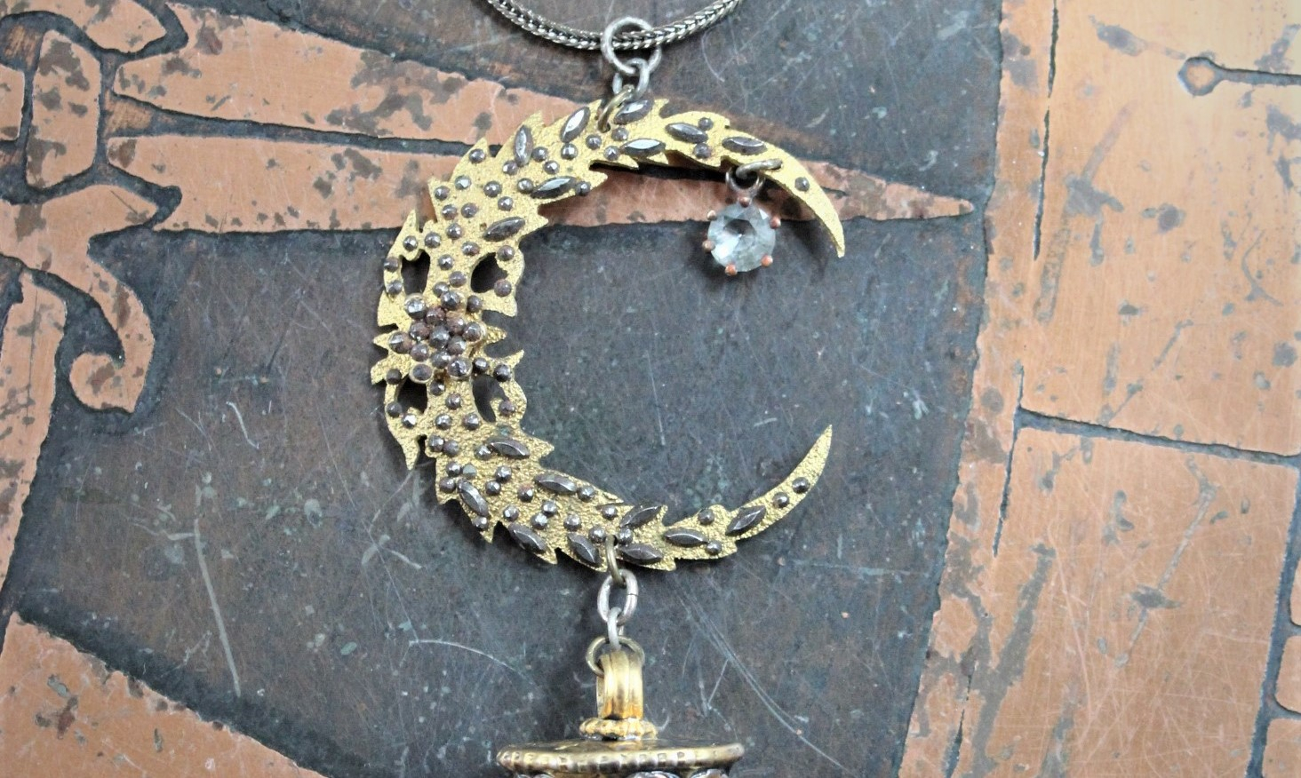 Like the Universe Necklace with Antique Cut Steel Crescent Moon Finding, Water Clear Capped Quartz Point, Antique Foxtail Chain