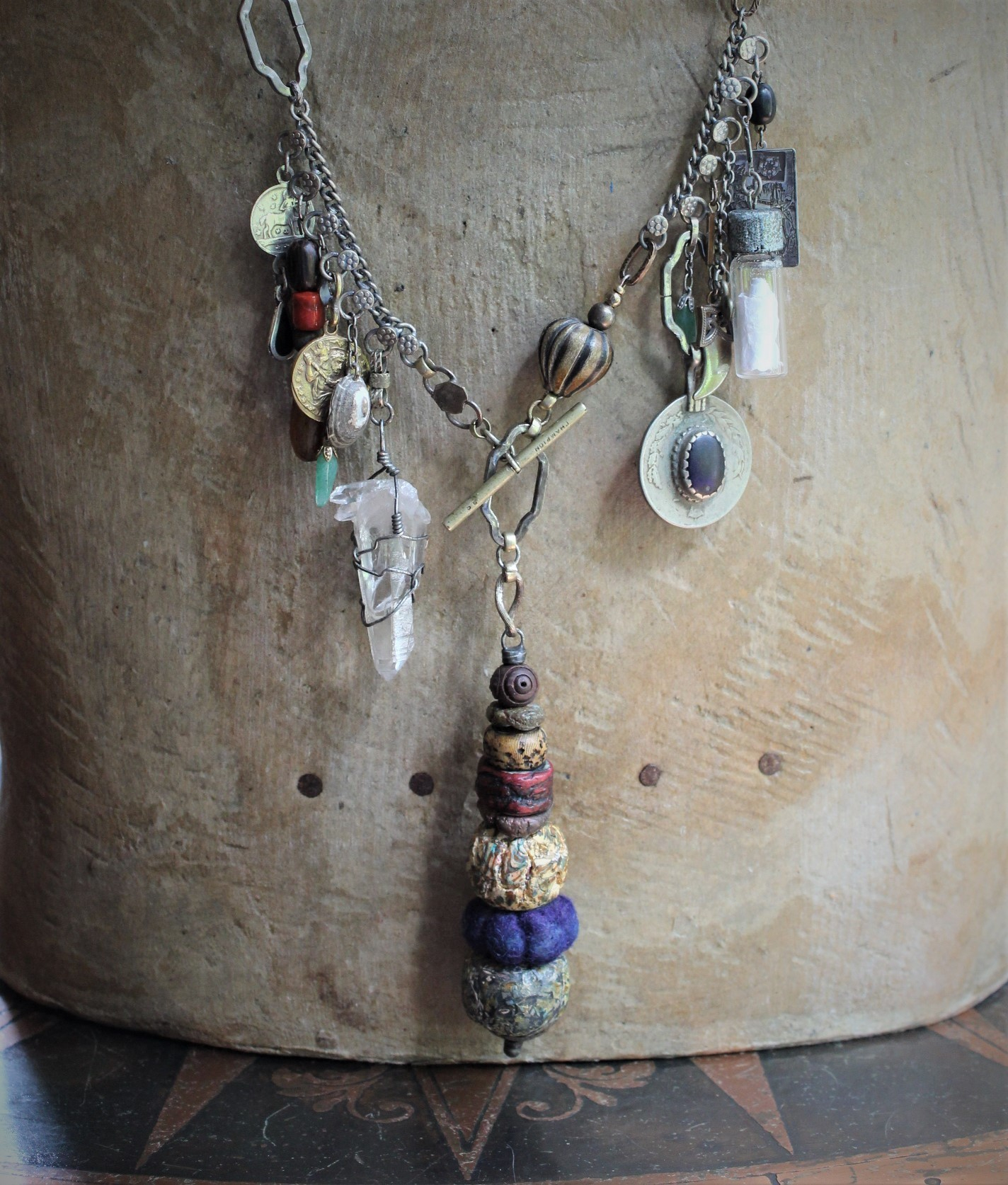 The Artifacts of Life Necklace with Multiple Unique Findings,Artisan Bead Cairn,Turquoise and Garnet Stones,Prayer Vessel,Rock Quartz Point