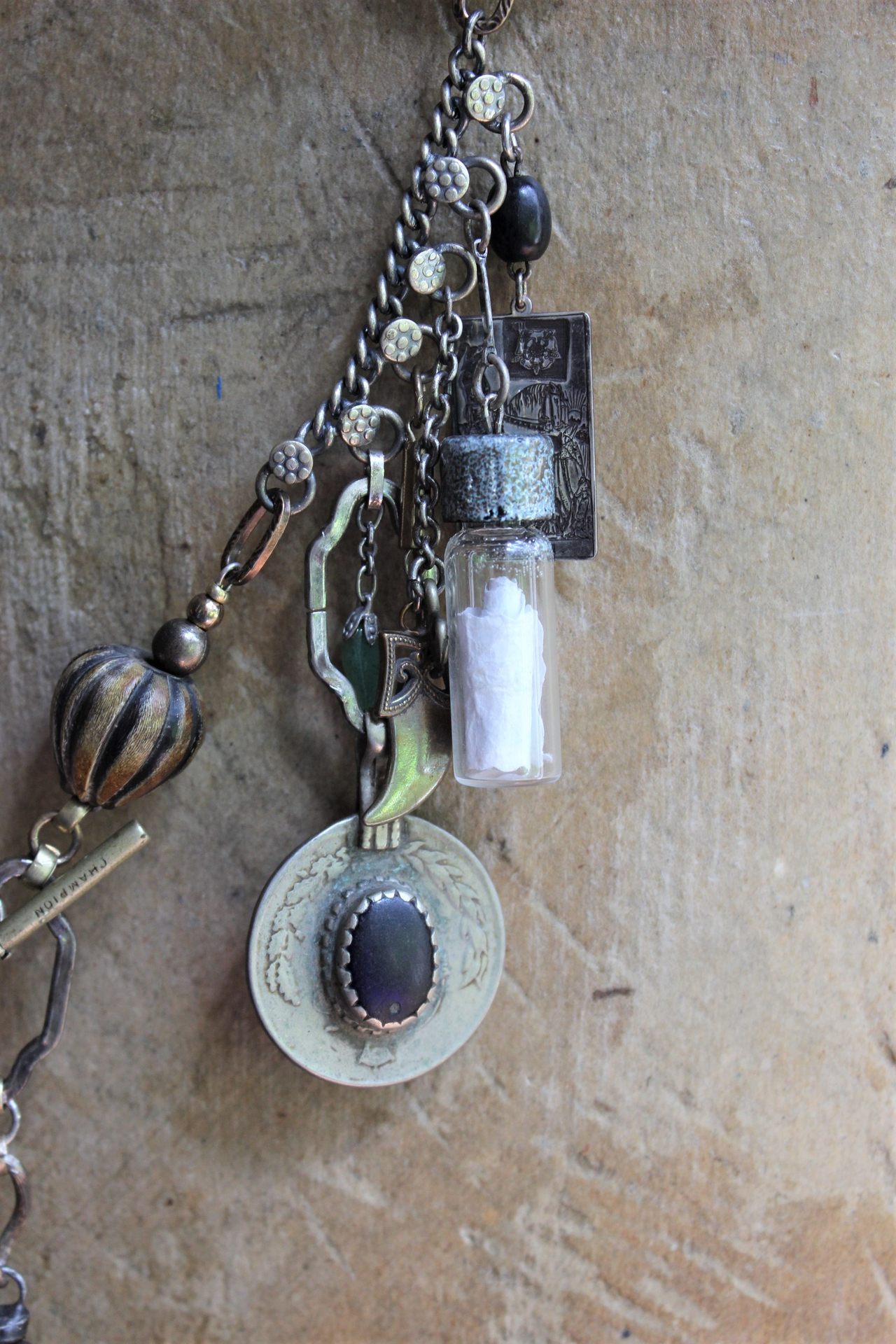 The Artifacts of Life Necklace with Multiple Unique Findings,Artisan Bead Cairn,Turquoise and Garnet Stones,Prayer Vessel,Rock Quartz Point