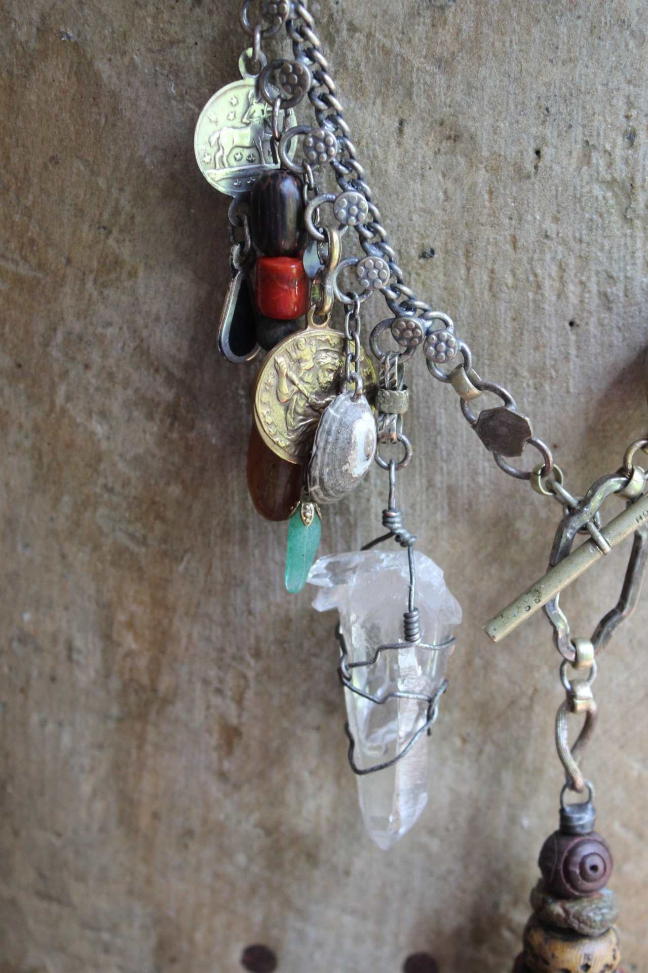 The Artifacts of Life Necklace with Multiple Unique Findings,Artisan Bead Cairn,Turquoise and Garnet Stones,Prayer Vessel,Rock Quartz Point