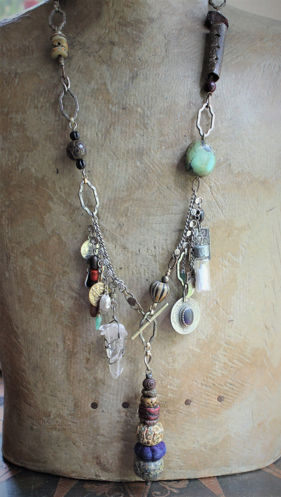 The Artifacts of Life Necklace with Multiple Unique Findings,Artisan Bead Cairn,Turquoise and Garnet Stones,Prayer Vessel,Rock Quartz Point