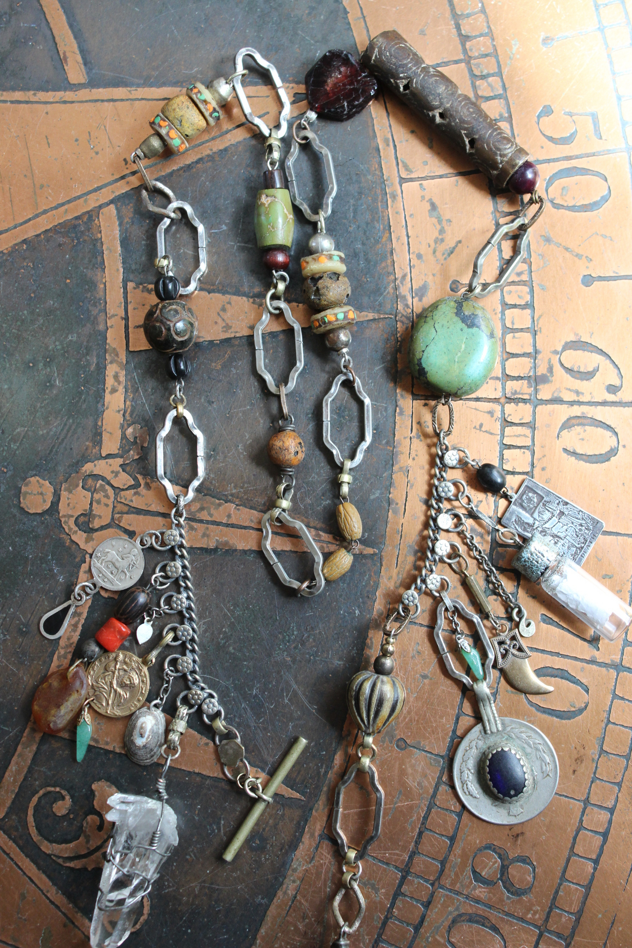 The Artifacts of Life Necklace with Multiple Unique Findings,Artisan Bead Cairn,Turquoise and Garnet Stones,Prayer Vessel,Rock Quartz Point