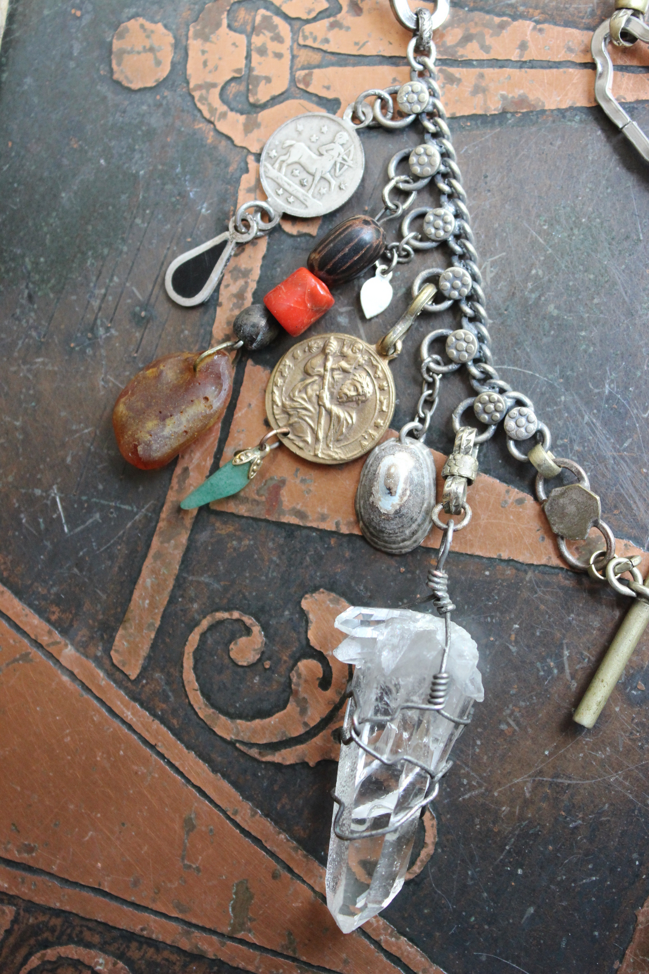 The Artifacts of Life Necklace with Multiple Unique Findings,Artisan Bead Cairn,Turquoise and Garnet Stones,Prayer Vessel,Rock Quartz Point