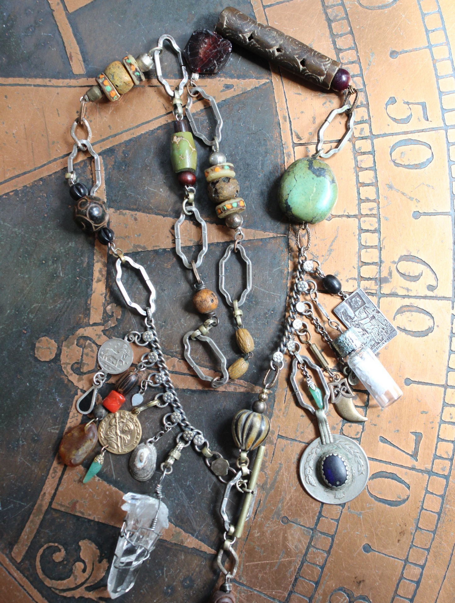 The Artifacts of Life Necklace with Multiple Unique Findings,Artisan Bead Cairn,Turquoise and Garnet Stones,Prayer Vessel,Rock Quartz Point
