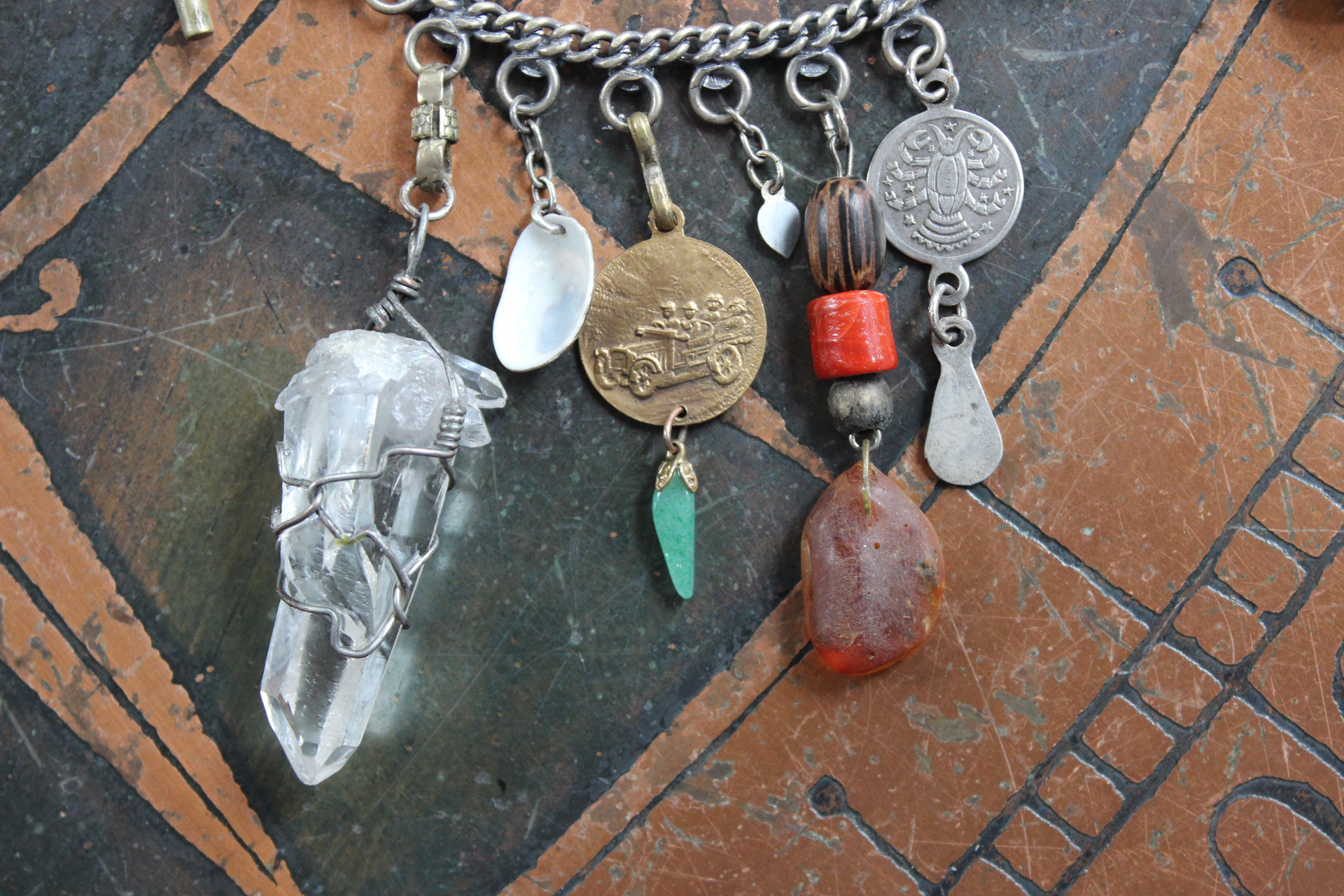 The Artifacts of Life Necklace with Multiple Unique Findings,Artisan Bead Cairn,Turquoise and Garnet Stones,Prayer Vessel,Rock Quartz Point