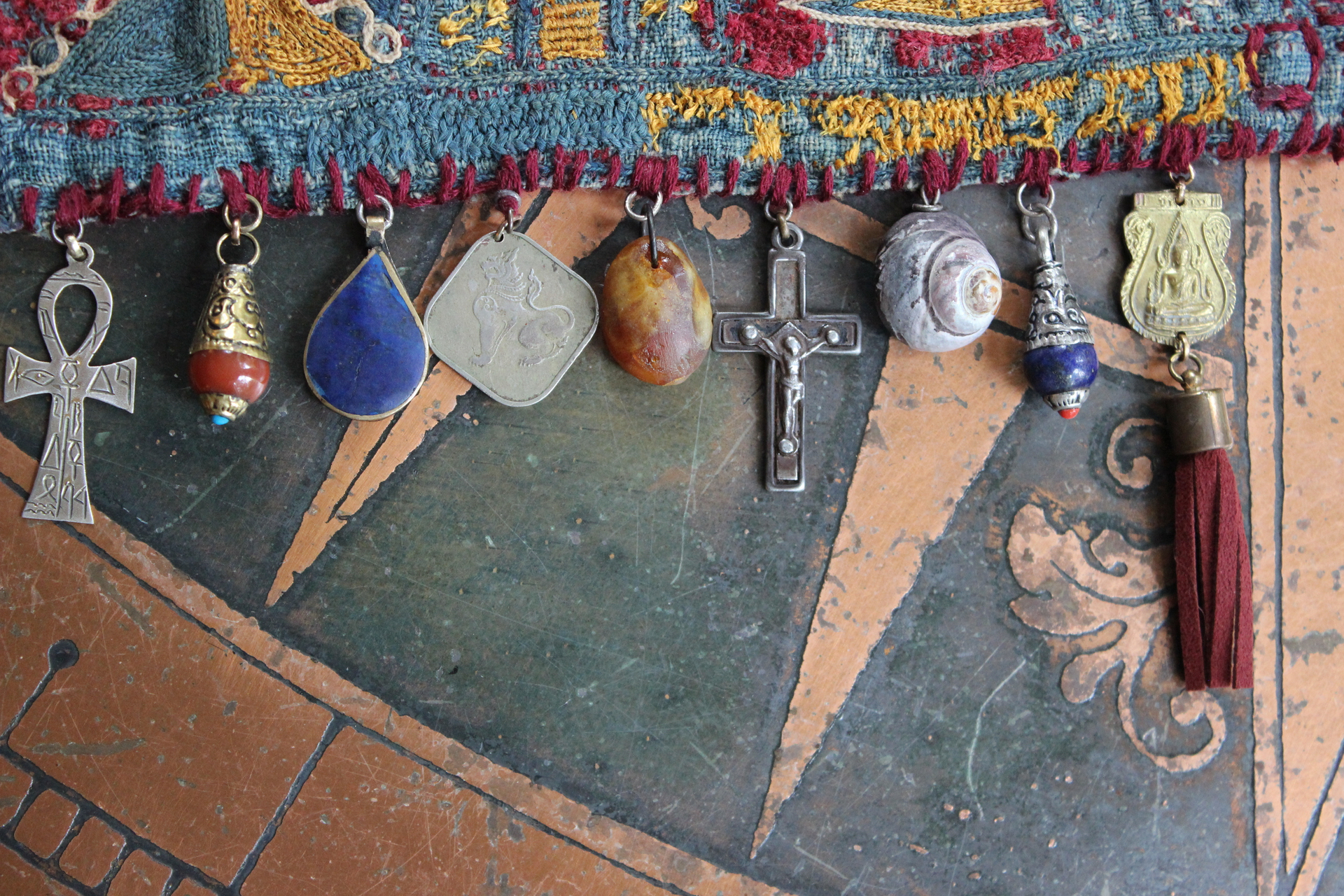 SOLD to L Wide Antique Lambani Textile Cuff with Assorted Antique Medals, Crosses and Drops