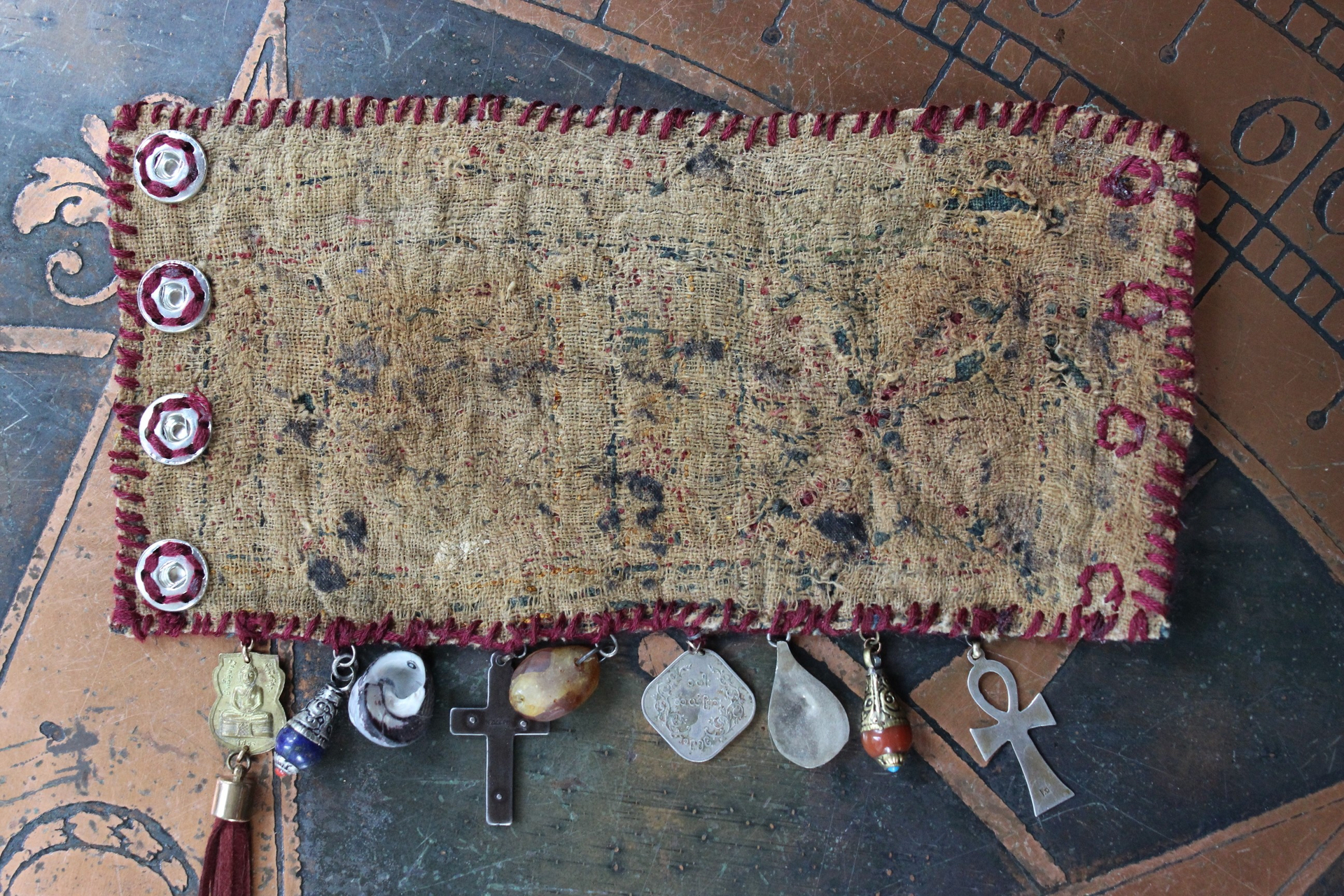 SOLD to L Wide Antique Lambani Textile Cuff with Assorted Antique Medals, Crosses and Drops