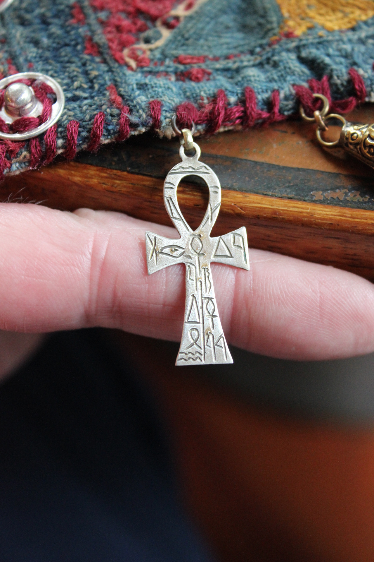 SOLD to L Wide Antique Lambani Textile Cuff with Assorted Antique Medals, Crosses and Drops