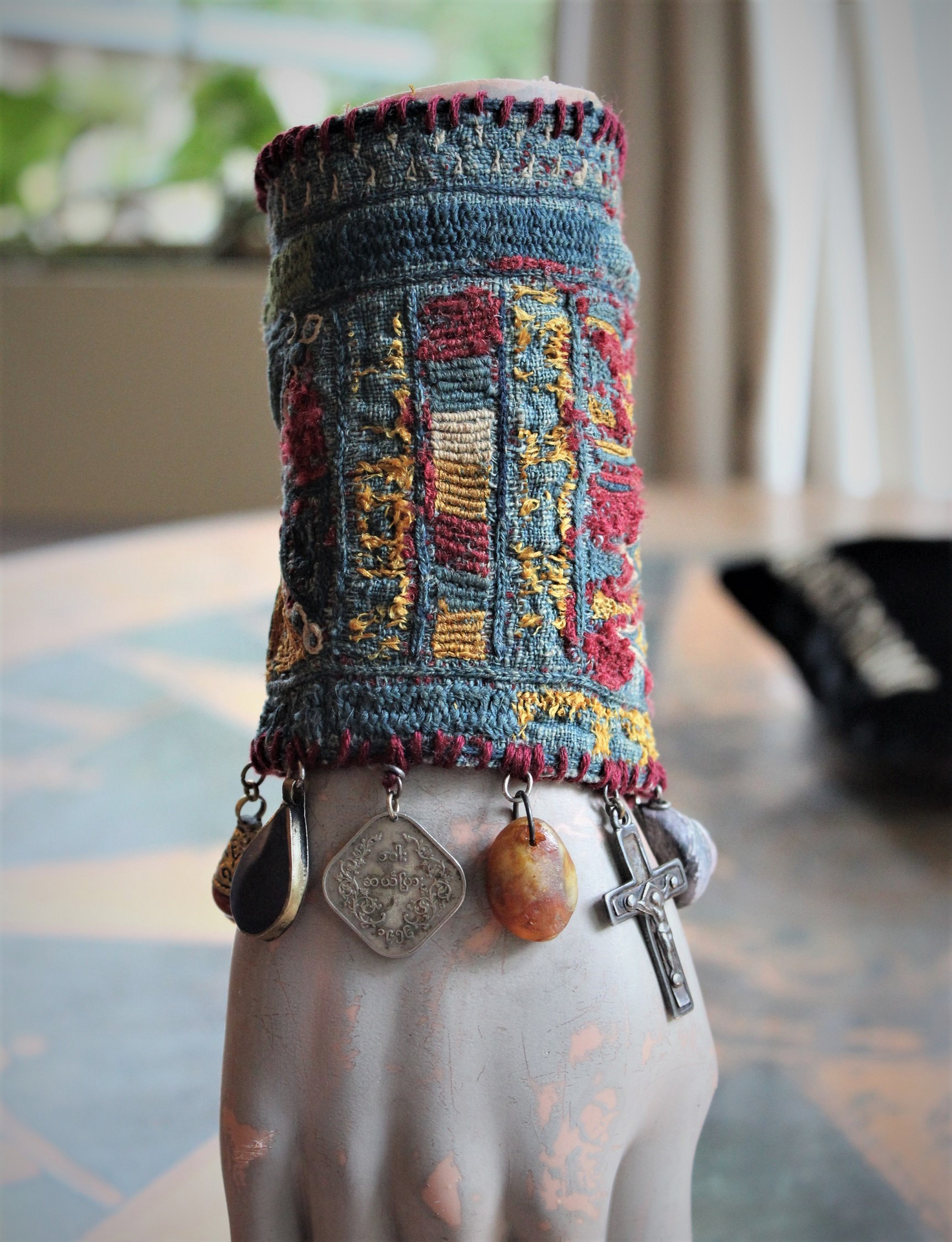 SOLD to L Wide Antique Lambani Textile Cuff with Assorted Antique Medals, Crosses and Drops