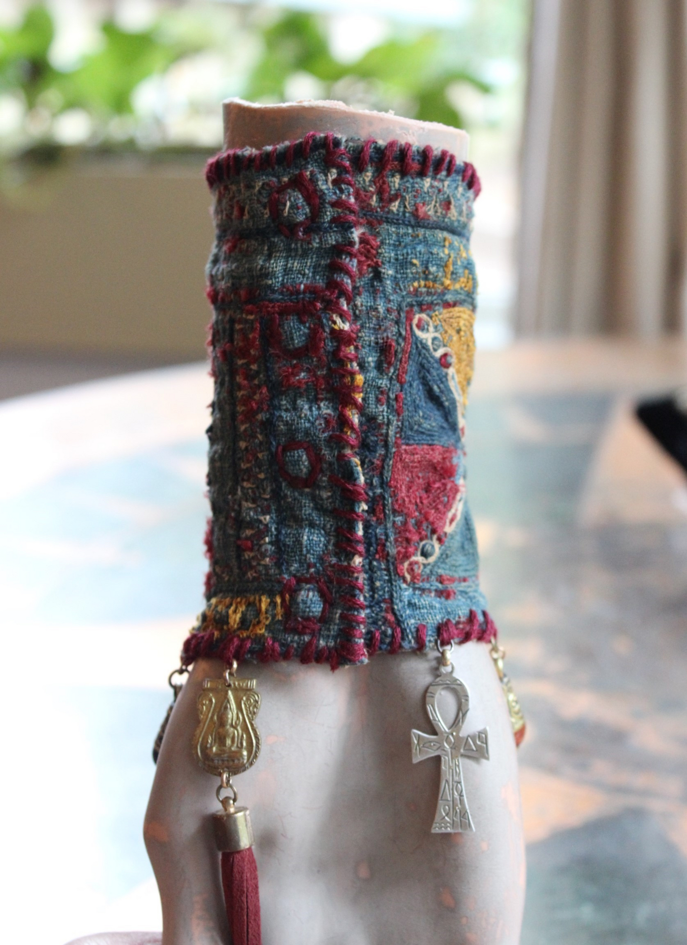 SOLD to L Wide Antique Lambani Textile Cuff with Assorted Antique Medals, Crosses and Drops