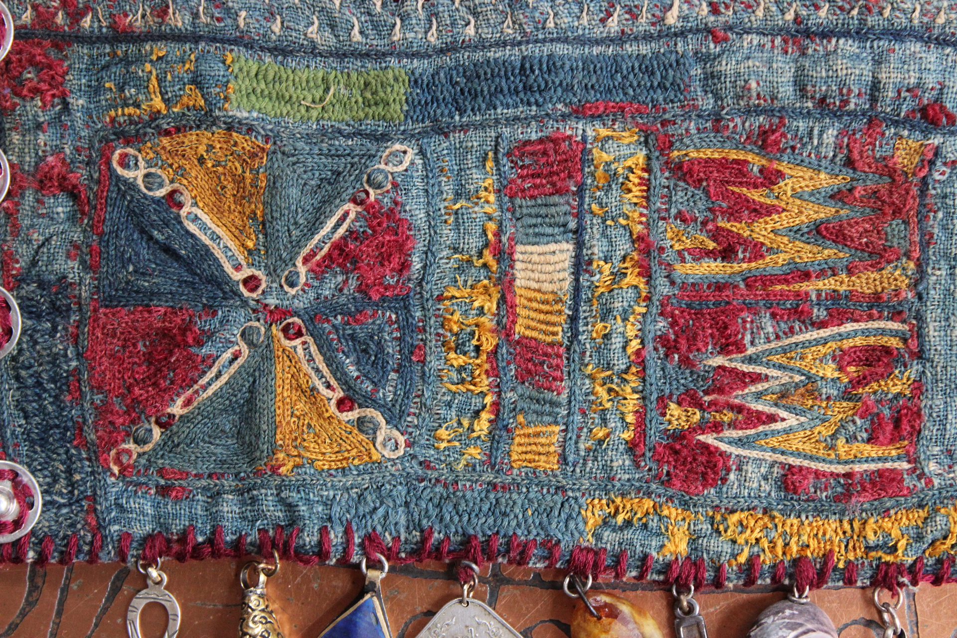 SOLD to L Wide Antique Lambani Textile Cuff with Assorted Antique Medals, Crosses and Drops