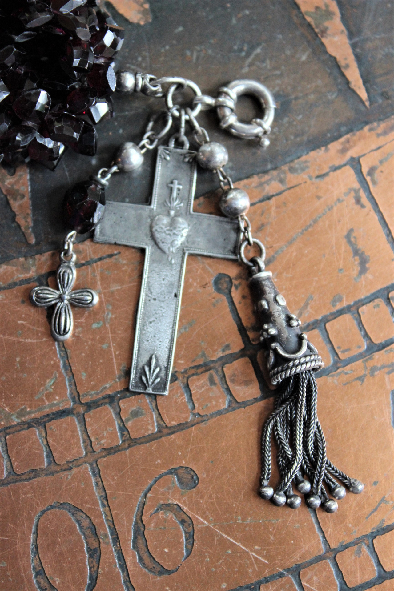 Wide 6 Strand Kite Faceted Pyrope Garnet Bracelet with French Sacred Heart Cross, Sterling Chain Tassel,Sterling Cross & Flaming Sacred Heart Medal